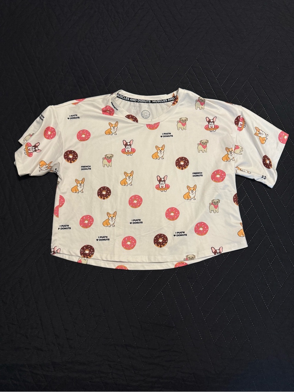 White Cropped Tee with Pink Donut & Dog Print